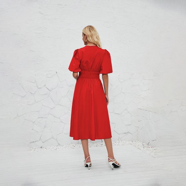 Summer Women Strapless Pleated Dress Solid Short Sleeve Ankle-Length Fashion