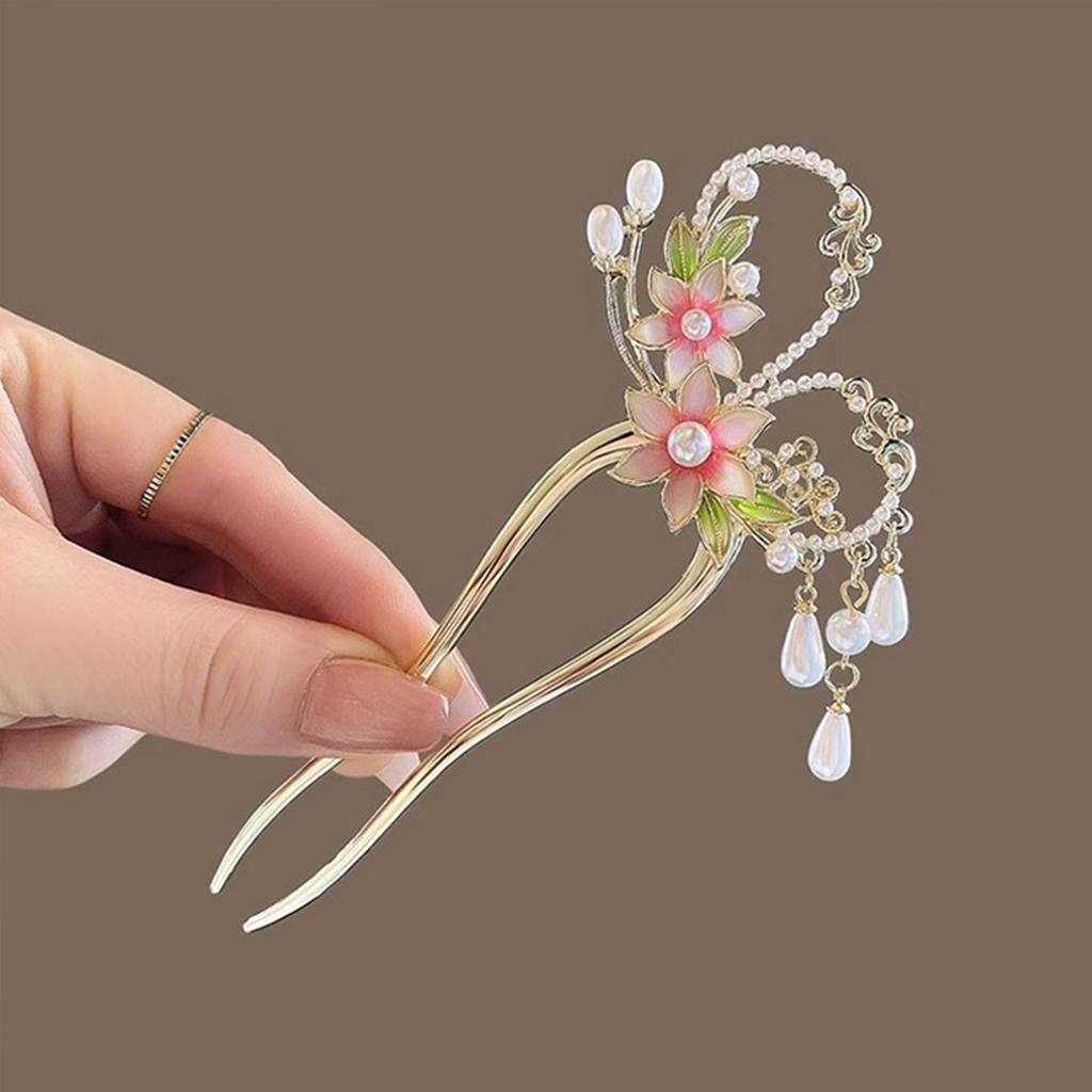 Weiß/Lila Emaille Blumen Haarnadeln Antiker Chinesischer Stil U-förmige Haarstäbe Elegant Damen Perlen Anhänger Haarschmuck