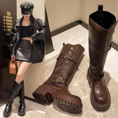 Bottes Vintage Hiver Femme Western Cowgirl Mode Boucle de Ceinture Bottines Longues Chevalier Dames Élégantes Talons Épais Botas Mujer
