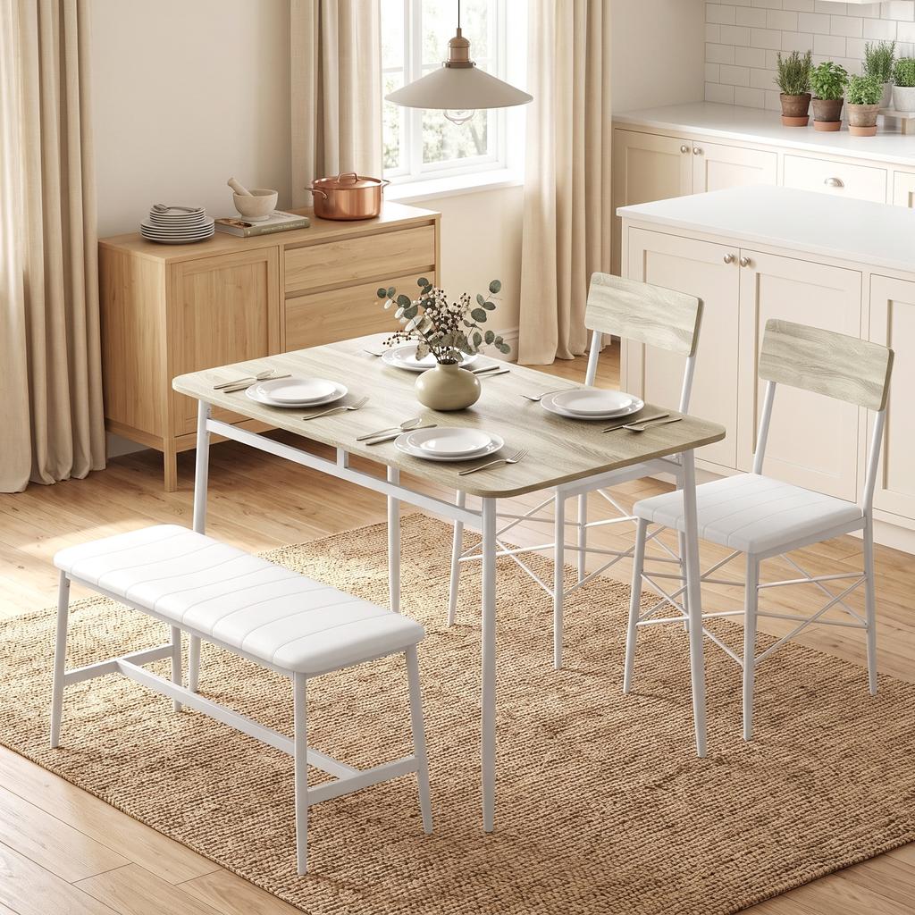 Dining Table Set with 2 Chairs and Bench, Upholstered Seats, Oak and White