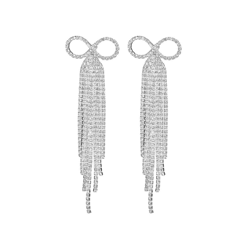 Luxury Shiny Diamond Long Fringed Bow Earrings