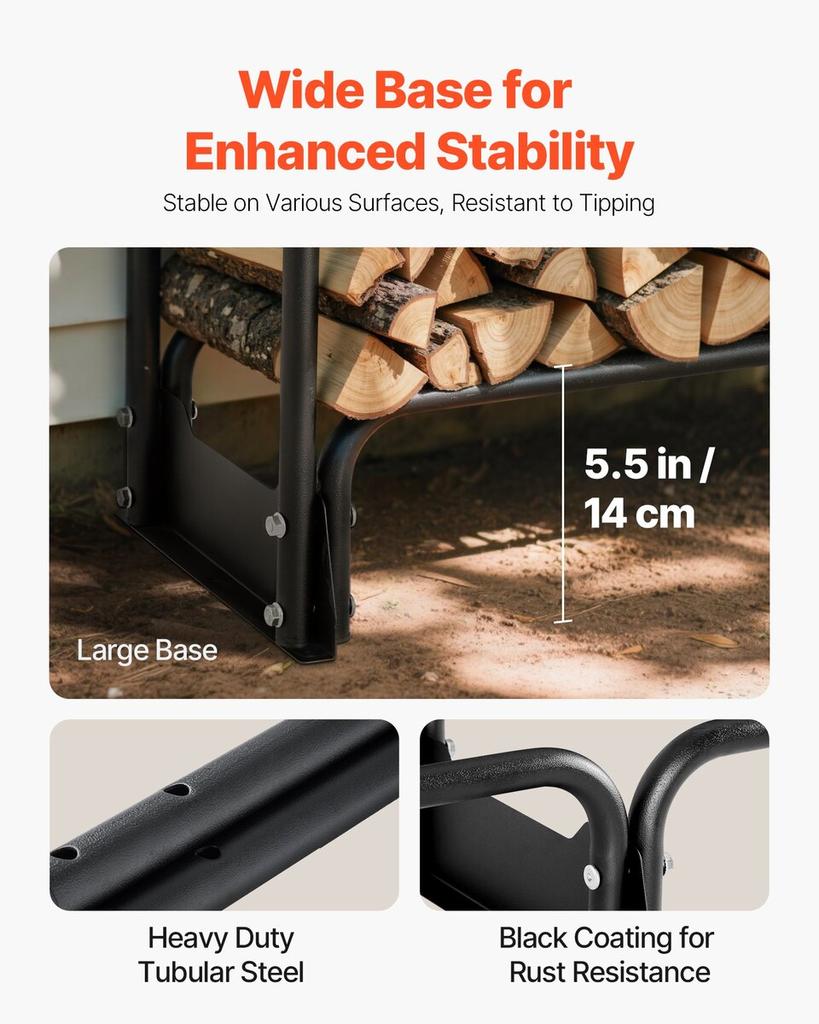 Firewood Rack with Waterproof Cover, 2.57m Outdoor Firewood Holder, 1/2 Cord Storage Metal Log Holder, 299kg Max Weight Capacity, Top Covered,