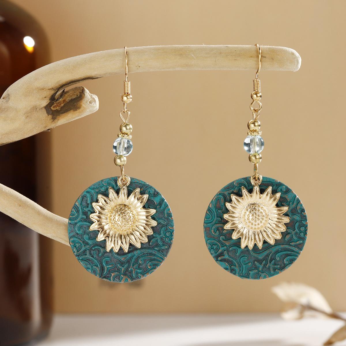

Европейские, Американские Богемные Двухцветные Двухслойные Серьги с Изысканным Узором Подсолнуха, Ретро Серьги