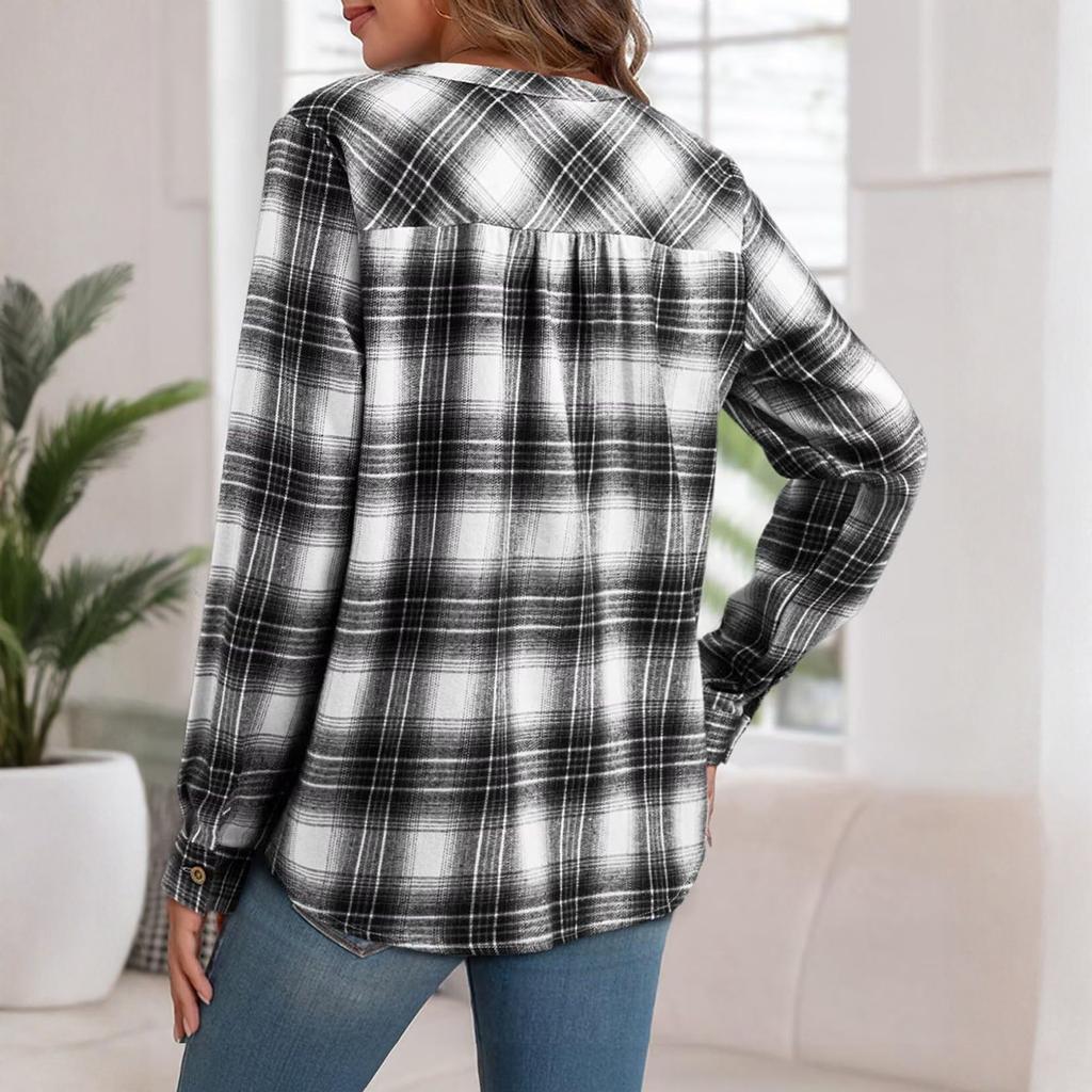 Women's V-neck Plaid Shirt Fashion Casual Shirt Button-up Top
