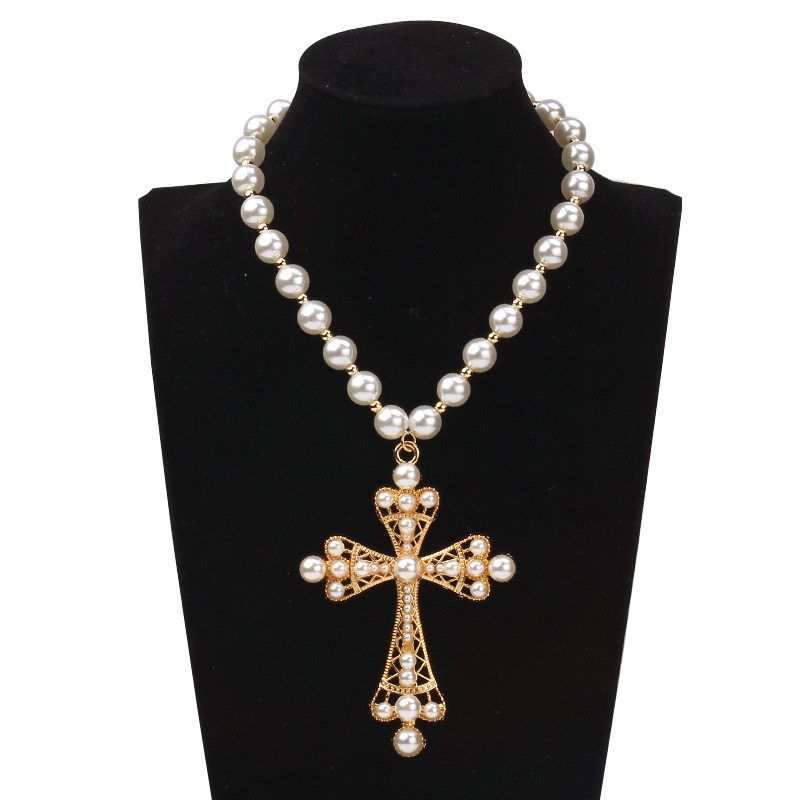 American Baroque Gold Cross Necklace Pearl Multi-Layer Twin Fashion Retro Fancy Sexy Sweater Chain Gold Bean Spaced Pearl Cross