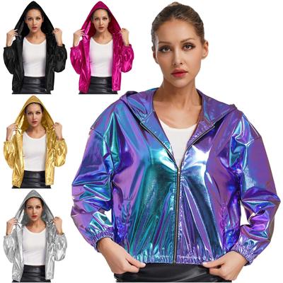 Holografische Damenjacke in den Größen S-4XL: Glitzernder Metallic-Langarmmantel mit Kapuze und Reißverschluss – perfekt für Club und Ausgehen