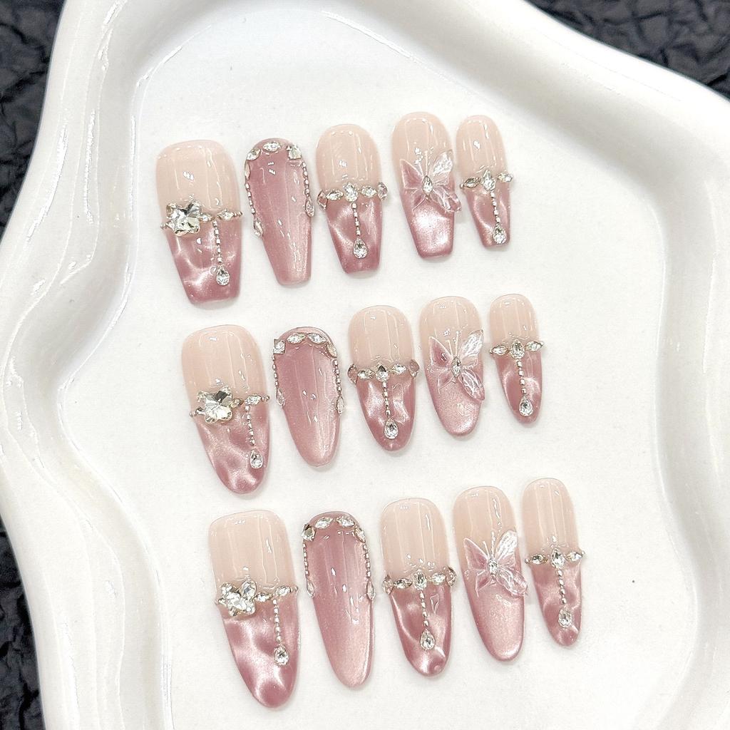 10pcs Handmade Press on Nails Pink Butterfly Design Fake Nails Wearable Reusable Glitter Cat Eye Sweet Korean False Nail Tips