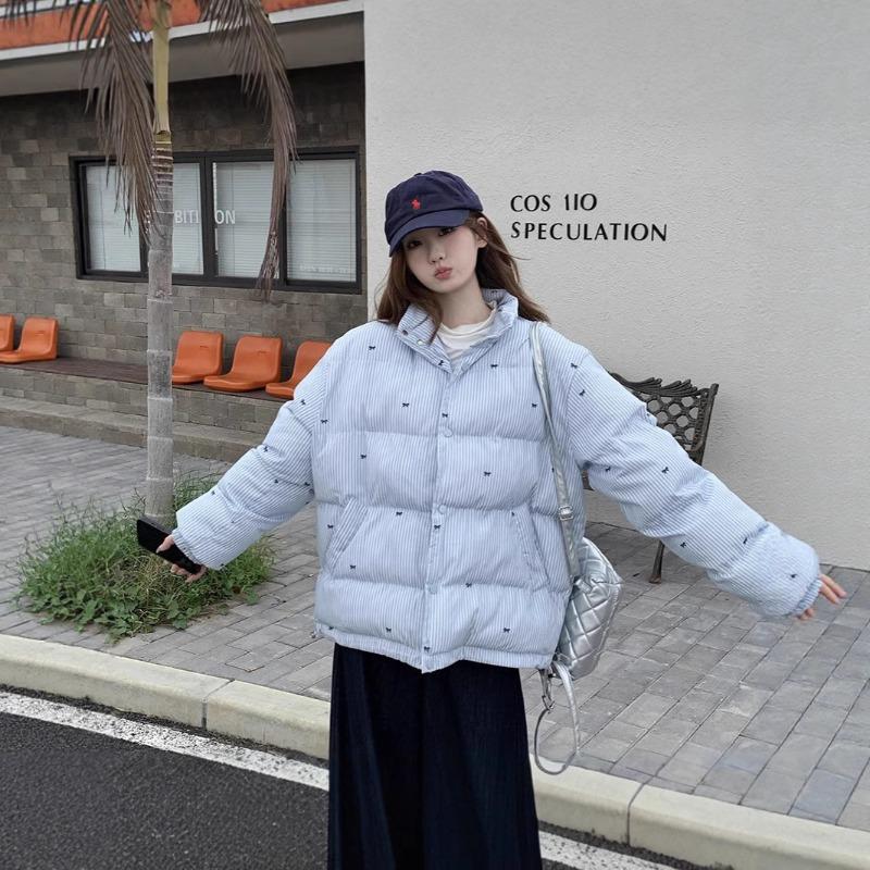 Down cotton-padded jacket women's striped bow printing winter new loose cotton-padded jacket tide