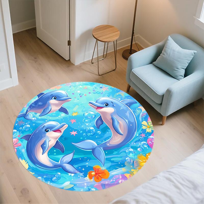 Cartoon Colorful Dolphin Pattern Round rug,Carpet Rug for Living Room Bedroom  Playroom ,Non-slip Floor Mat,Holiday Gifts and Birthday Gifts.