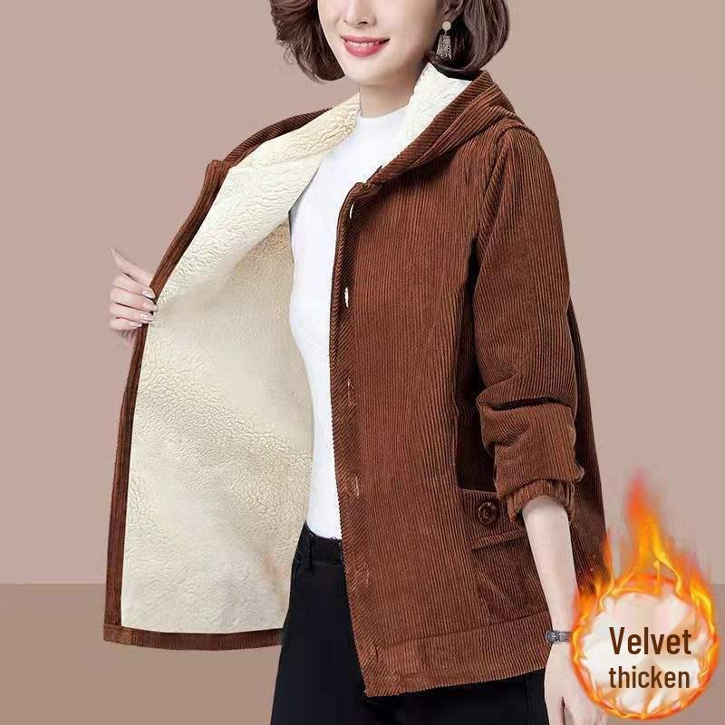 Women's Corduroy Jacket - Thick Velvet, Simple Loose Fit, Plus Size, Slimming Korean Style for Autumn and Winter.