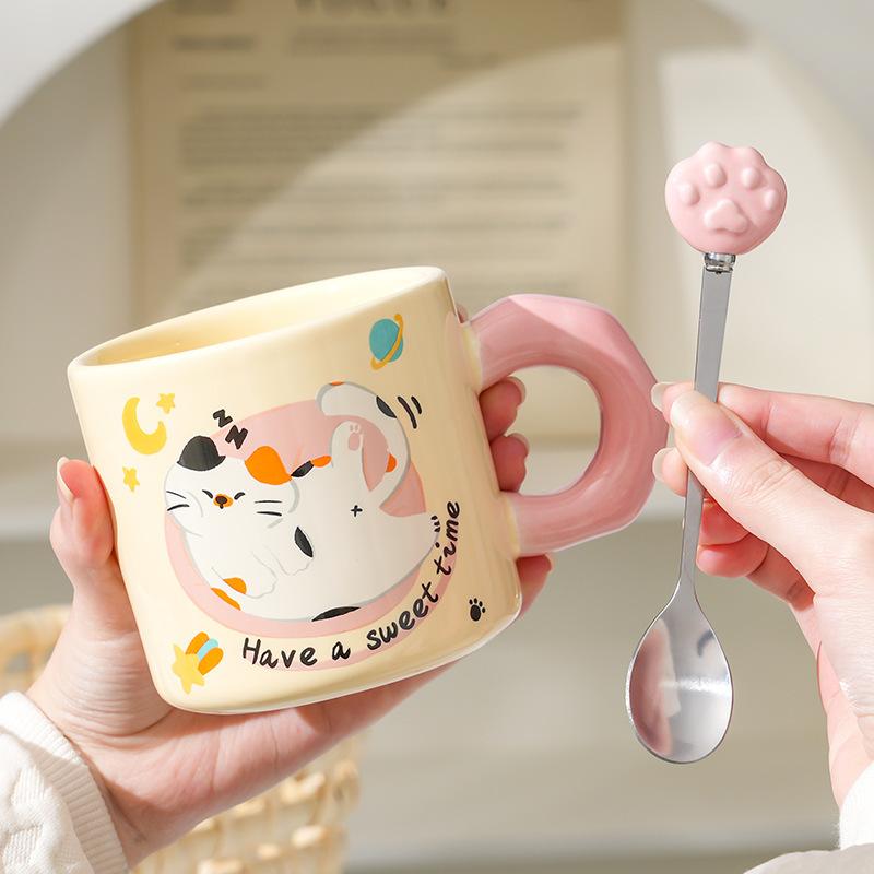 Cream cute kitten ceramic cup creative gift box ceramic mug drinking cup practical gift set