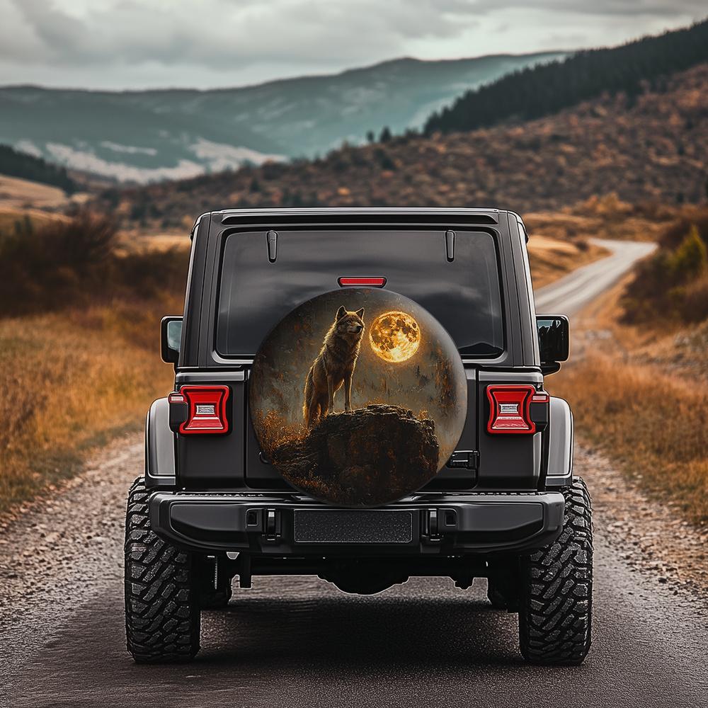 2D 1pc Lone Rock Wolf Howling Wheel Cover. Howling Wolf Under the Moon. Suitable for Off-road RVs/pickup Trucks, Experience Unfettered Freedom