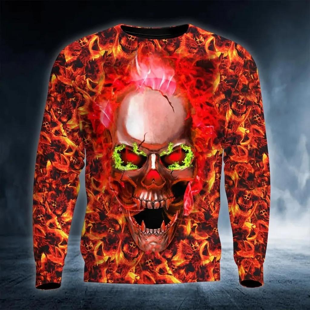 New Men's Autumn Round Neck Long Sleeve T-shirt Retro Skull 3D Pattern Print T Shirts Casual Fashion Tops Men's Clothing Tees