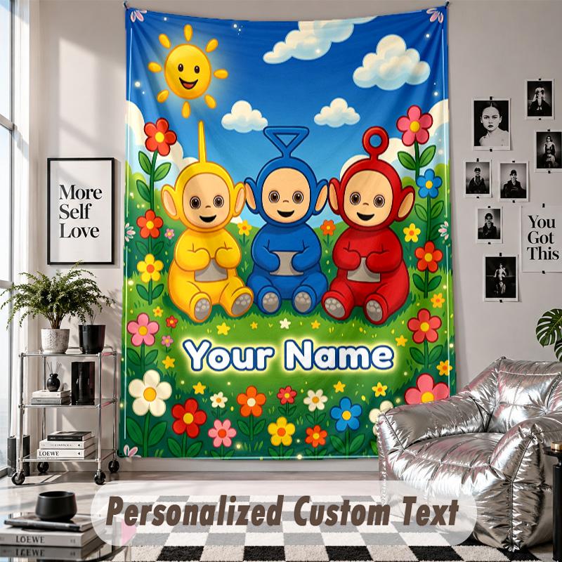 Wall Hanging Tapestry With Custom Name & Text, Teletubbies Decorative Tapestry For Bedroom