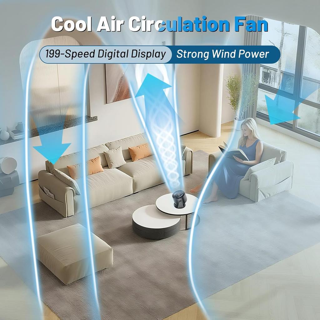 Ultra-quiet LED Display Desk Fan 120 ° Tilting 199 Wind Speed Wall-mounted USB-C Charging Portable Fan Black