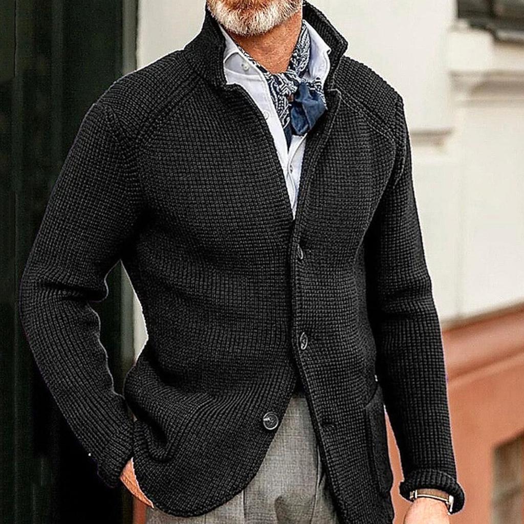 Men's Casual And Trendy Solid-color Warm Sweater Jacket, Men's Long-sleeved Button-up Stand-up Neck Knitted Sweater