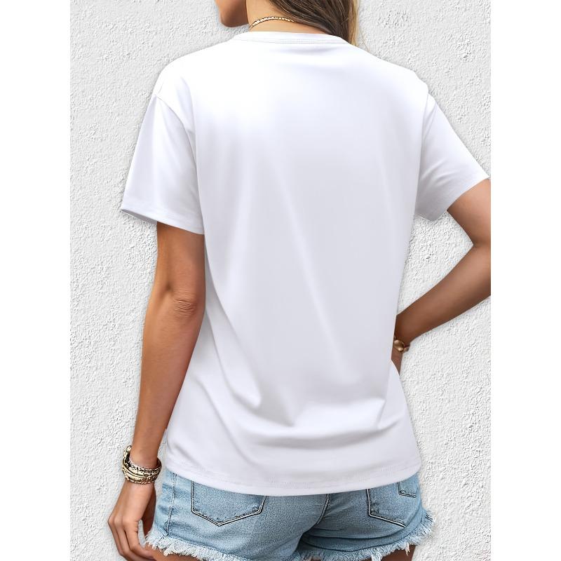 3388# Elegant Women's White Short-Sleeve T-Shirt, Fashionable for Commuting, Summer Essential, Travel, Dating, Gift, Vacation, Seaside Butterfly