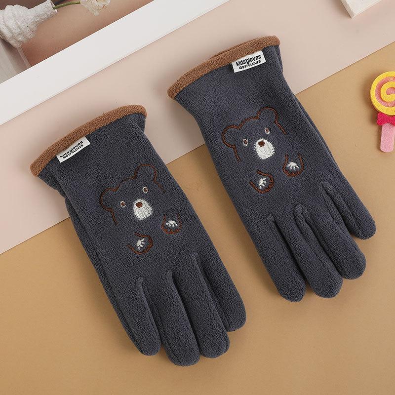 Gants pour enfants hommes et femmes ours de dessin animé brodés automne et hiver extérieur équitation patin à roulettes velours coupe-vent gants chauds