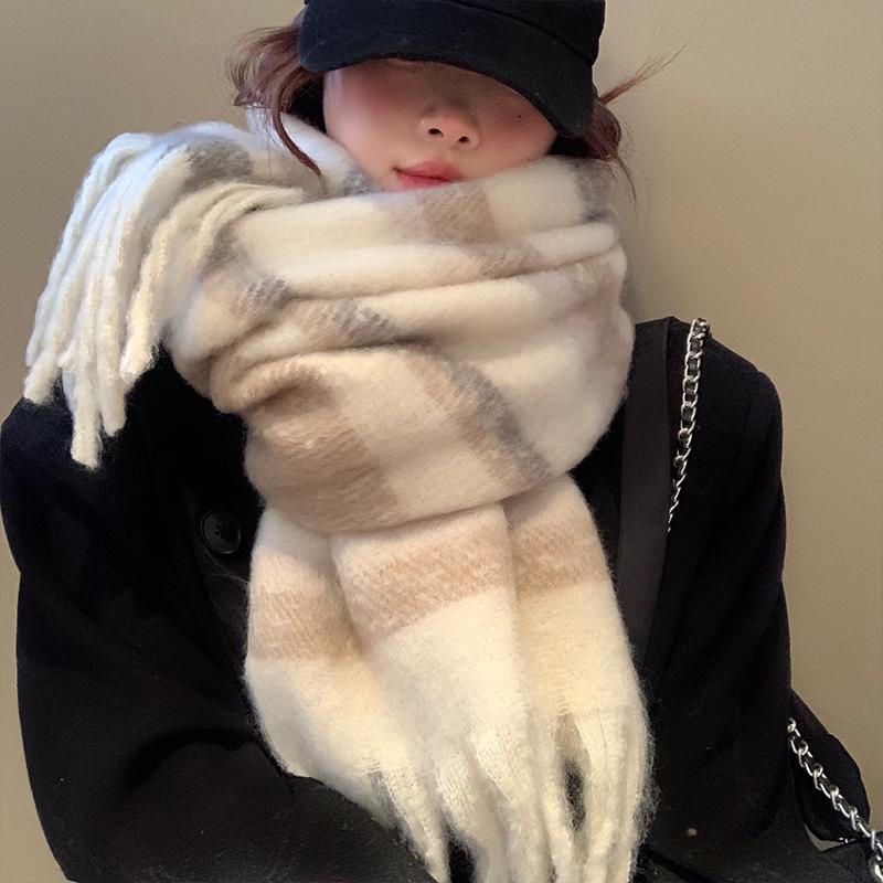 Korean atmosphere Mohair plaid plush scarf Women's autumn and winter warm atmosphere Couple scarf