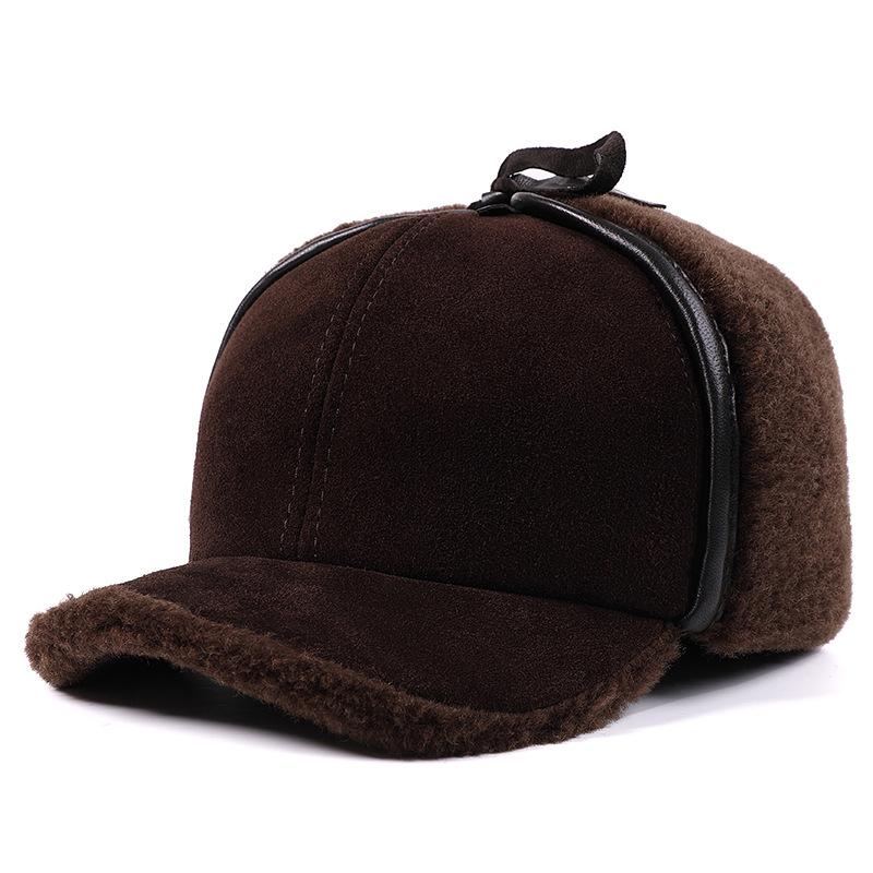 Men's Hat Genuine Anti-Fuzz Cowhide 100% Wool Plush Lining Warm Ear-Flap Thick Insulation Duckbill for Middle-Aged Elderly
