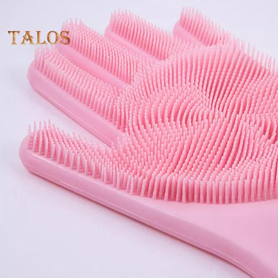 1 Pair Cleaning Gloves Anti-Scalding Reusable Silicone Dishwashing Gloves with Fine Bristles for Home