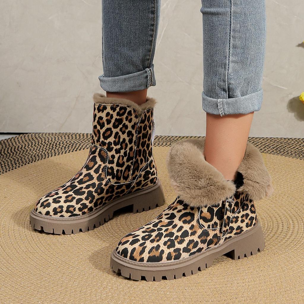 Fashion Shoes for Women  Zip Women's Boots Fashion Leopard Print Daily Boots Women Hot Sale Round Toe Platform Keep Warm Mid-Calf