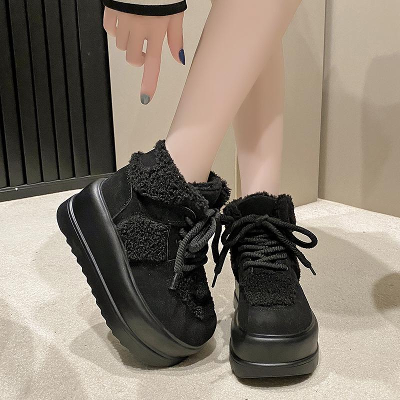 Cizme de zăpadă calde la modă pentru femei 2024 pantofi căptușiți din bumbac cu pluș de iarnă femei cu toc înalt 7 cm pantofi din piele cu platformă gros