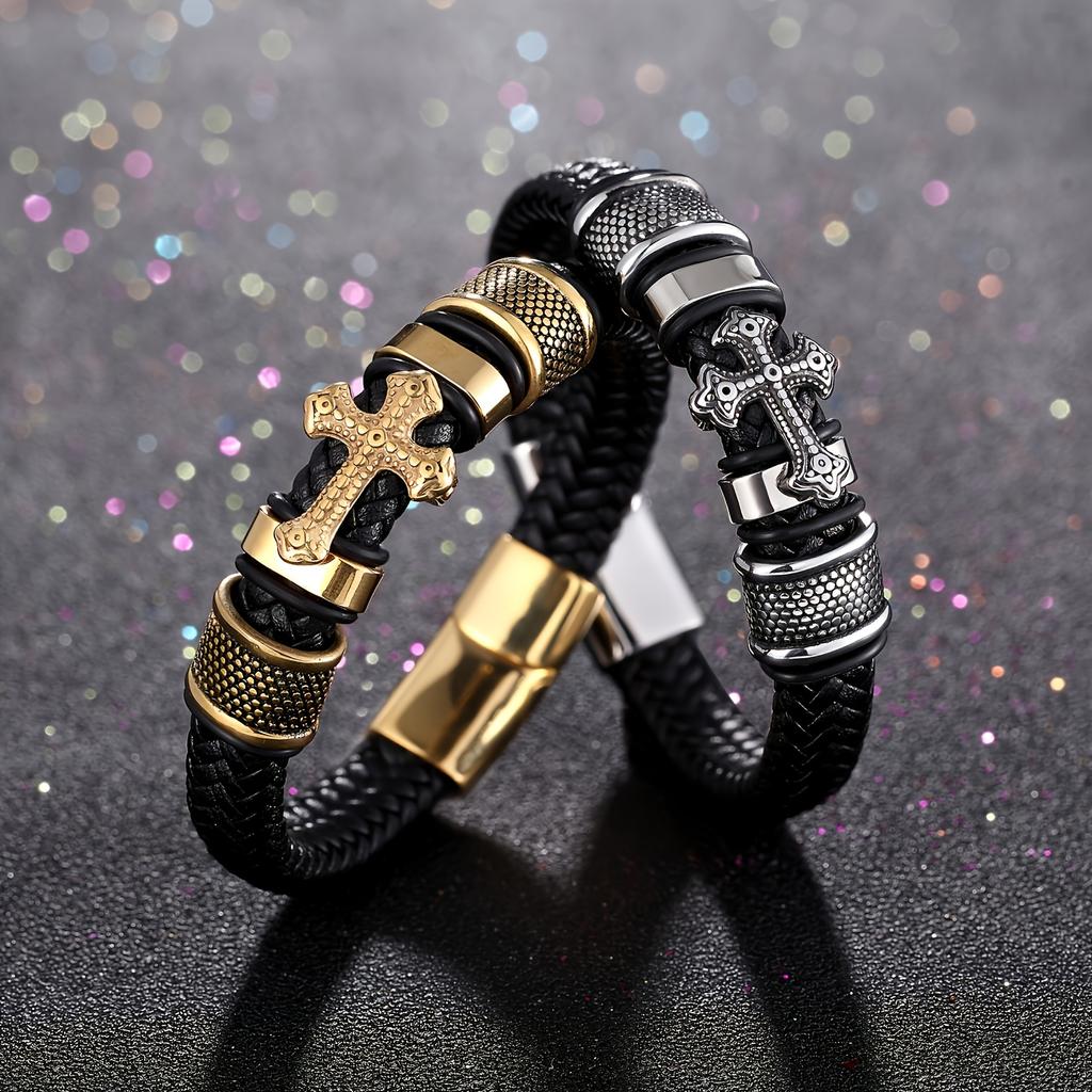 1Bohemian faux leather men's bracelet Vintage Stainless Steel Engraved Cross Holiday Bracelet Unique religious faith bracelet Fashion Jewelry