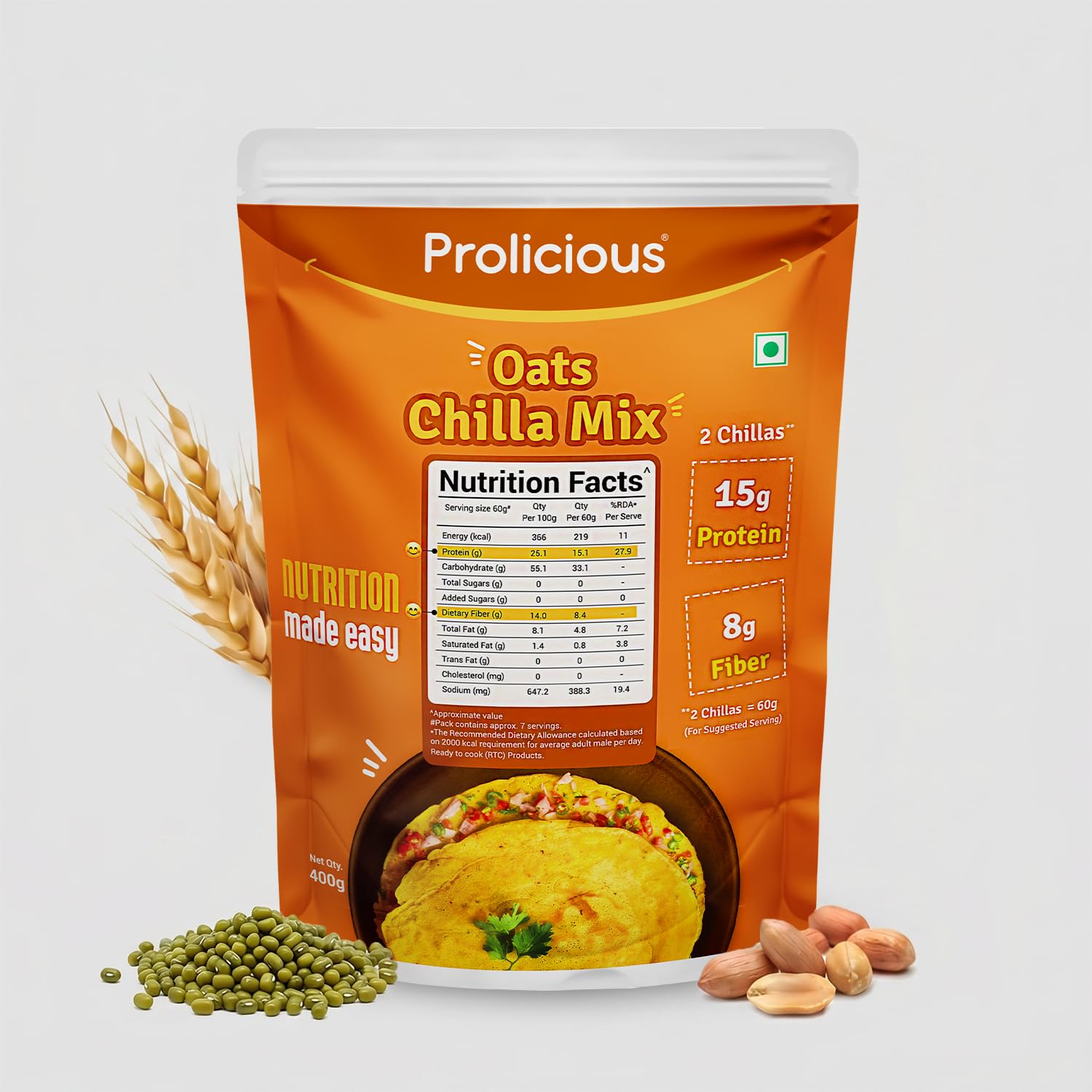 Prolicious Oats Chilla Mix | Upgrade Your Breakfast | 15g Protein + 6g Fibre Per Serving | High Protein & Fibre Instant Breakfast, Ready in 3 Min