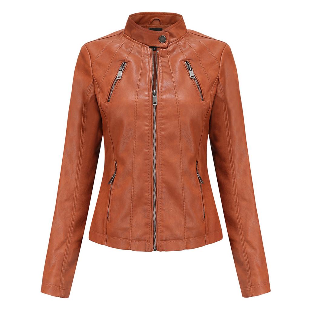 Women's Slim Leather Stand-Up Collar Zipper Stitching Solid Color Jacket