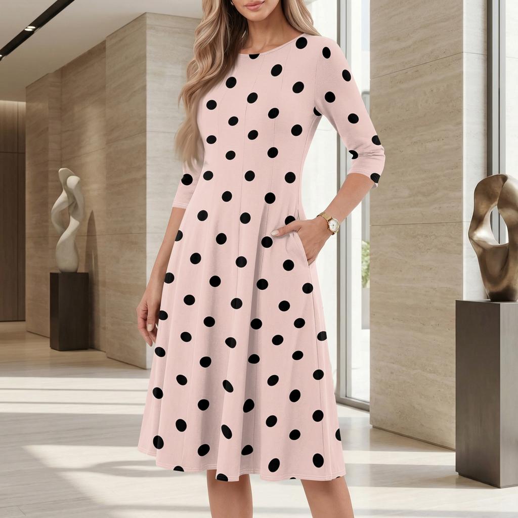 Women's Casual Fashion Round Neck Three Quarter Sleeve Polka Dot Print Mid Length Dress Comfortable Fit Flared Hem Daily Wear