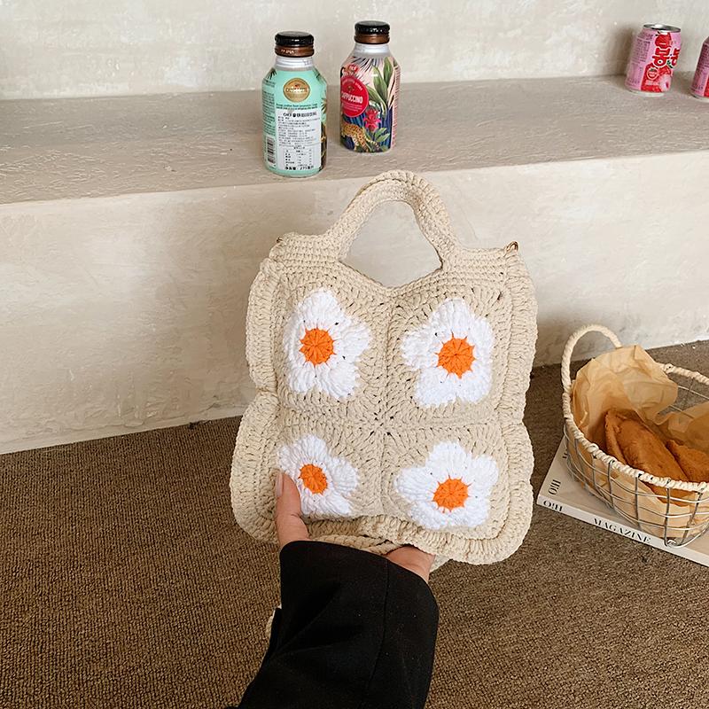 Boho Essential Handmade Crochet Granny Square Tote Bags Summer Knitted Flower Shoulder Bags Shopping Beach Daily Use Handbag