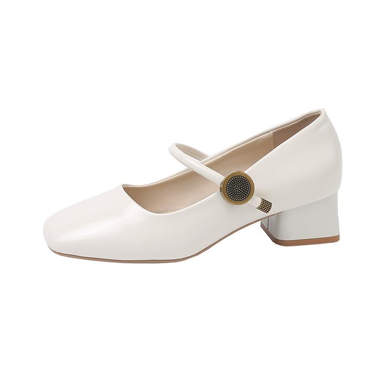 Coarse heel single shoes autumn light mouth versatile retro Mary Jane shoes women's lace-up metal decorative square head one-word strap single shoes