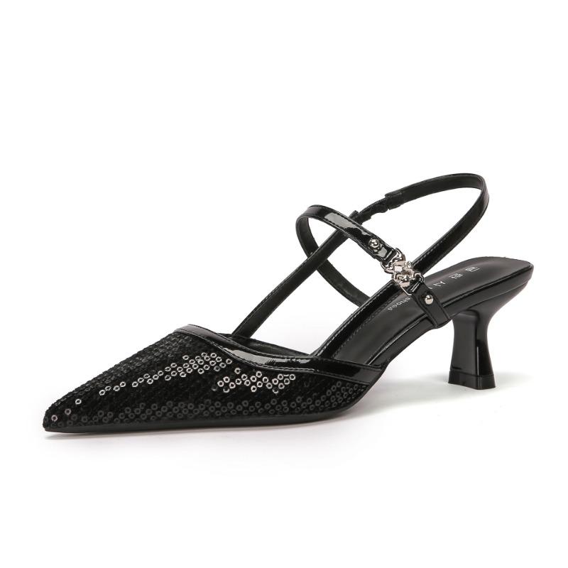 H963-1 black half bag head high heel sandals pointed head thin heel summer women's shoes sheepskin insole beaded sheet surface