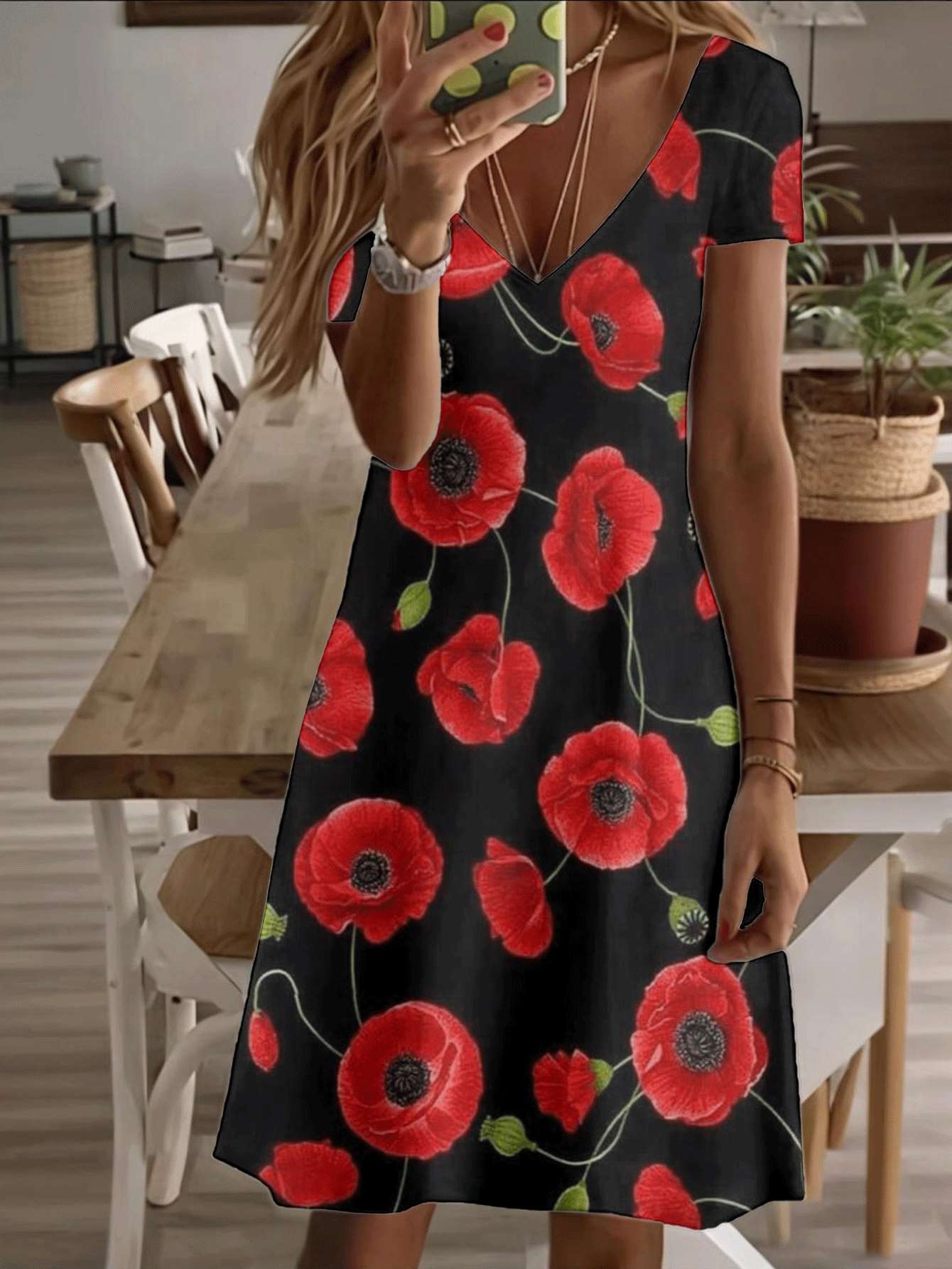 

Vneck shortsleeve midi dress red poppy floral print 3D premium pattern durable fabric elegant casual fashion outfit summer wear for women stylish comf L дубильна кора