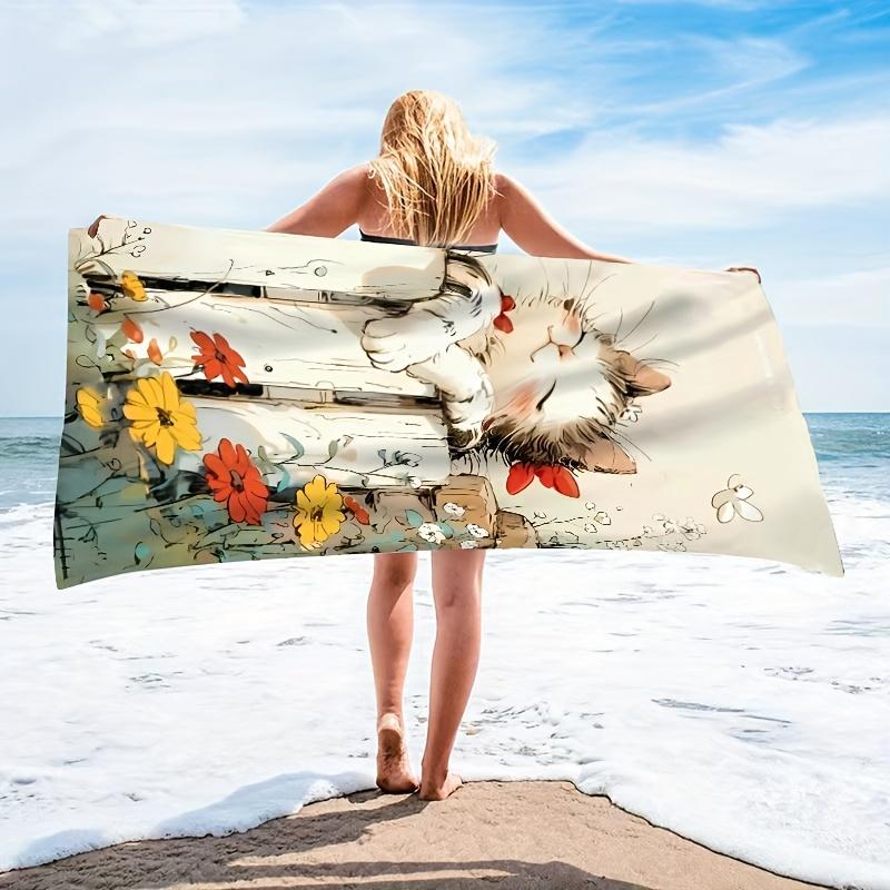 1pc Cute Kitten Patterned Beach Towel, Suitable for Seaside Beaches, Swimming Pools, Bathrooms, Camping Trips, And Yoga Fitness