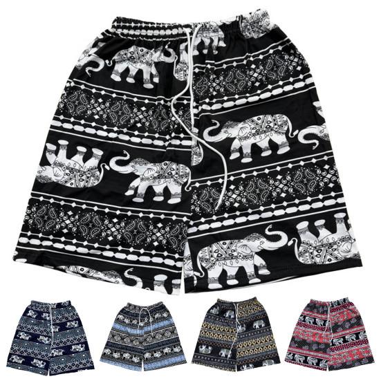 Women Casual Beach Shorts Drawstring Elastic Waist Shorts with Pockets Thai-Inspired Elephant Print Wide Leg Summer Shorts