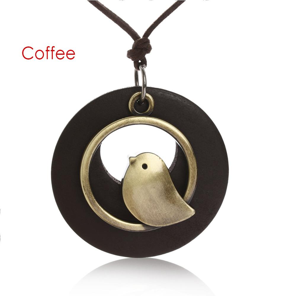 Vintage Wooden Bird Pendant Necklaces Boho Ethnic Style Metal Hollow Necklaces Retro Long Sweater Chain Rope Jewelry for Women