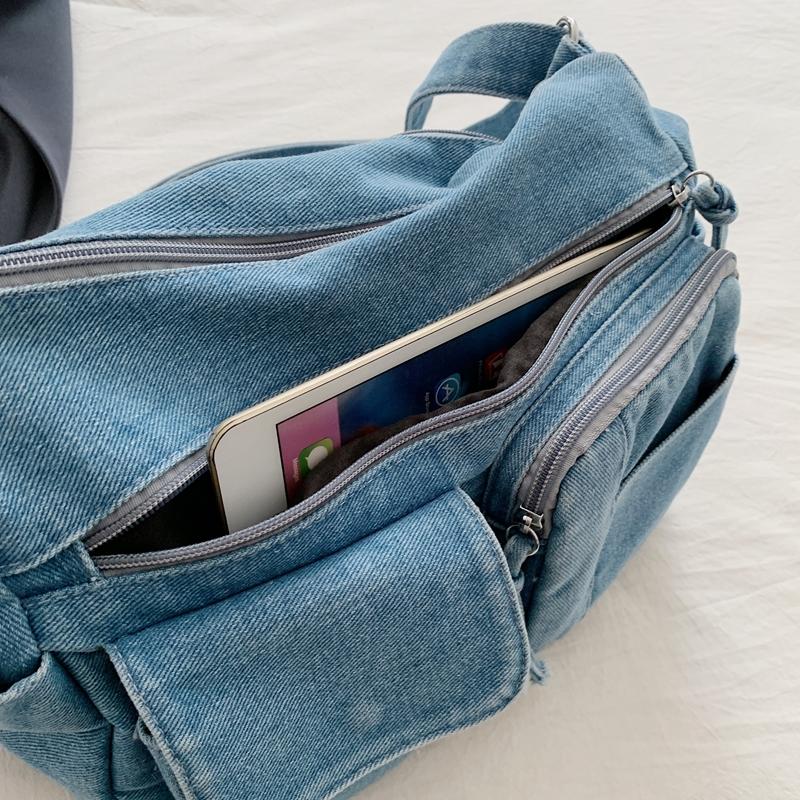 Multi-Pocke Crossbody Bag Denim Commuter Tote Bag Women Large Capacity Messenger Bag