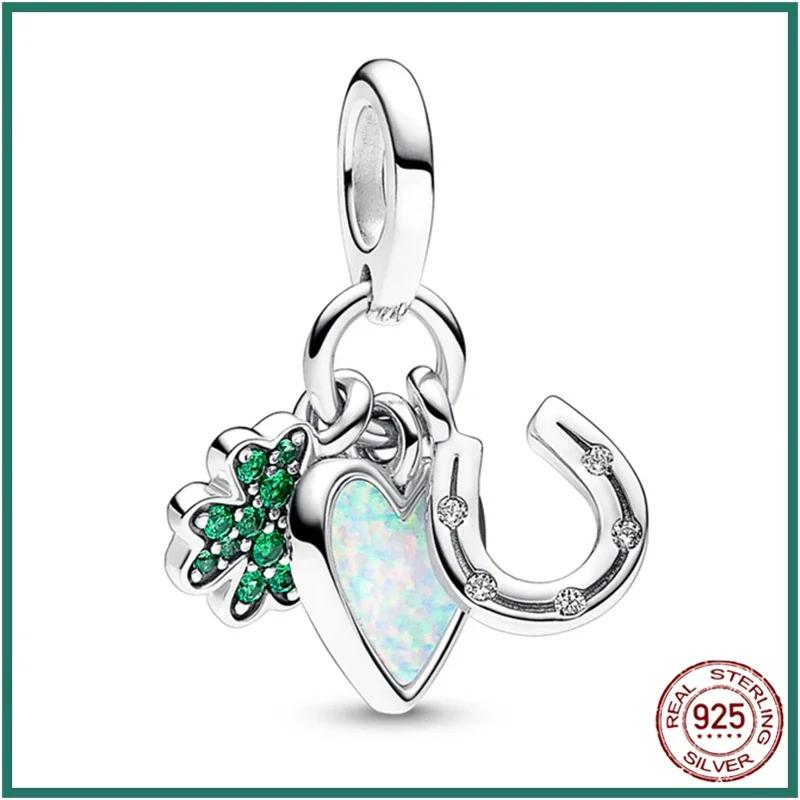 Original Copper Green Charms Lucky Four Leaf Clover Horseshoe Bead Earrings Pendant Fit Bracelet Necklace Jewelry