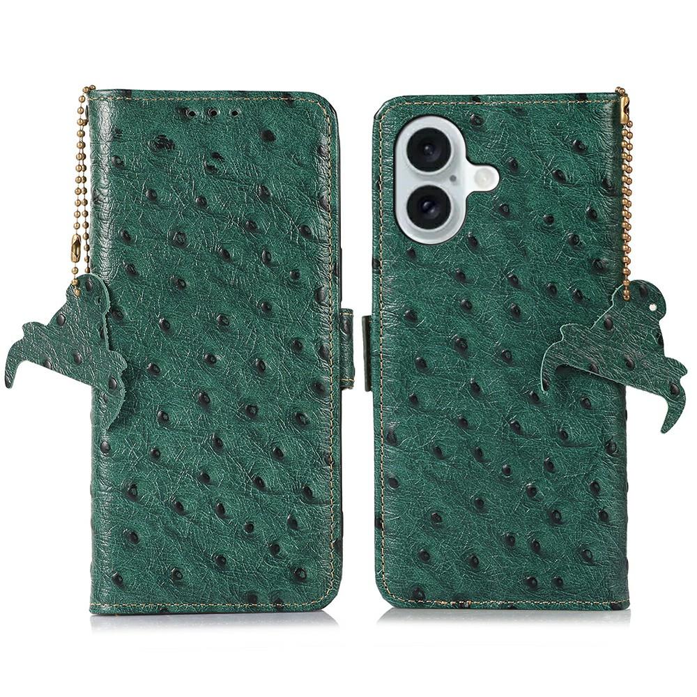 

For iPhone 17 Case RFID Blocking Genuine Cow Leather Phone Case Ostrich Texture Green