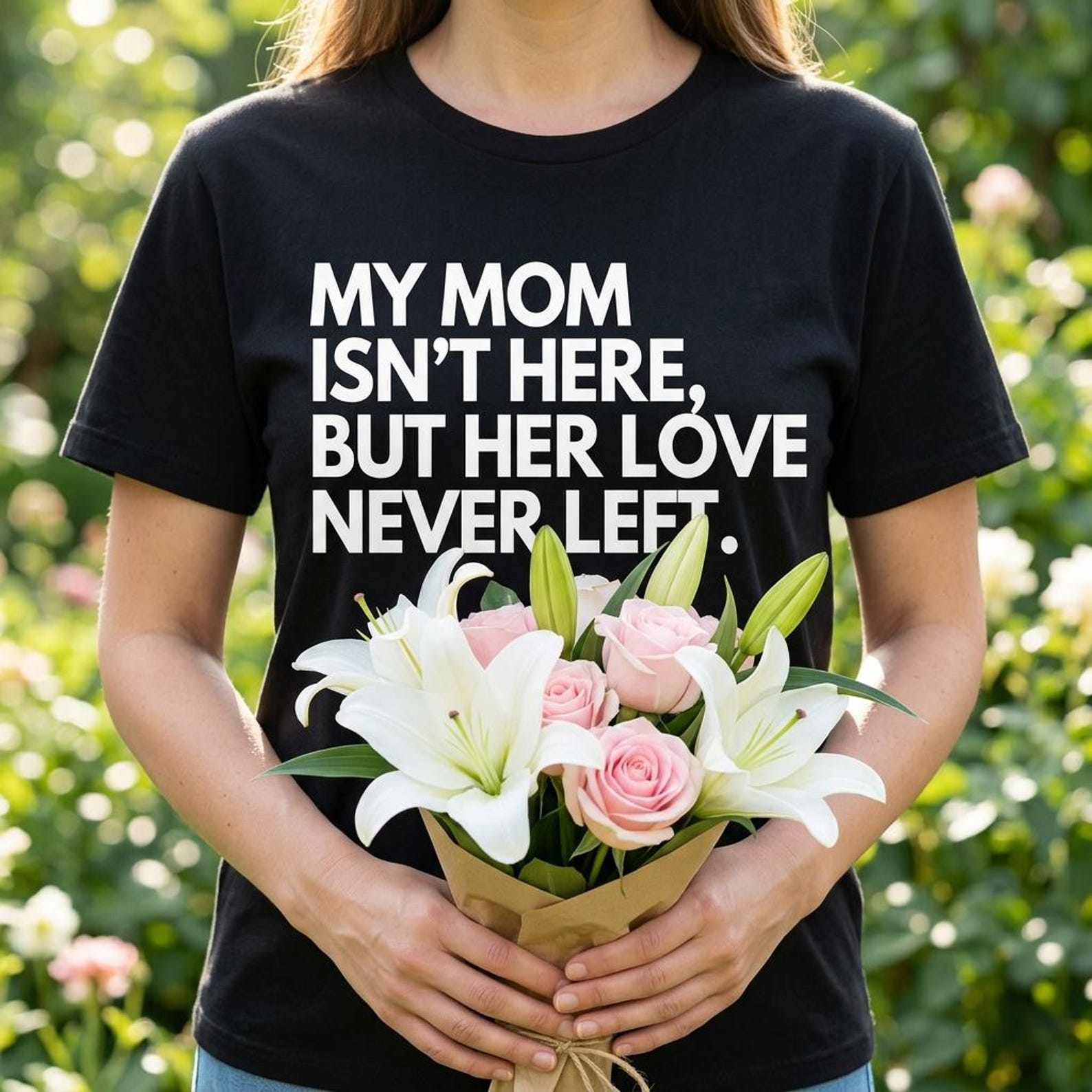 My Mom Isn t Here But Her Love Never Left Memorial T-Shirt, sympathy remembrance mom gift, in loving memory graphic tee S