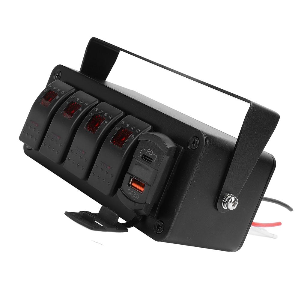 4 Gang Rocker Switch Panel with PD Type C QC3.0 USB Charger Waterproof Universal Fit for Car Truck Boat RV UTV ATV Red