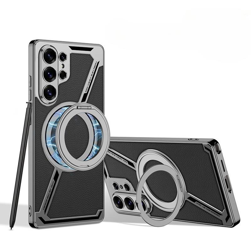 Samsung S26Ultra Built-in Magnetic Wireless Ring Mobile Phone Case Rotating Bracket Ring Z-shaped Electroplated Leather Case