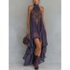 2026 European and American Style Purple Embroidered Turtleneck Sleeveless Ruffle Edge Long Dress Fashion Dress