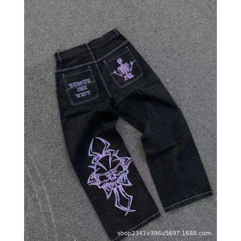 Mens Y2K Hip Hop Wide Leg Straight Fit Denim Jeans - Washed Cotton Loose Streetwear Style