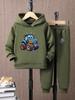 Girls' Blue Car Hoodie & Pants Set: Cozy Autumn/Winter Fleece Outfit