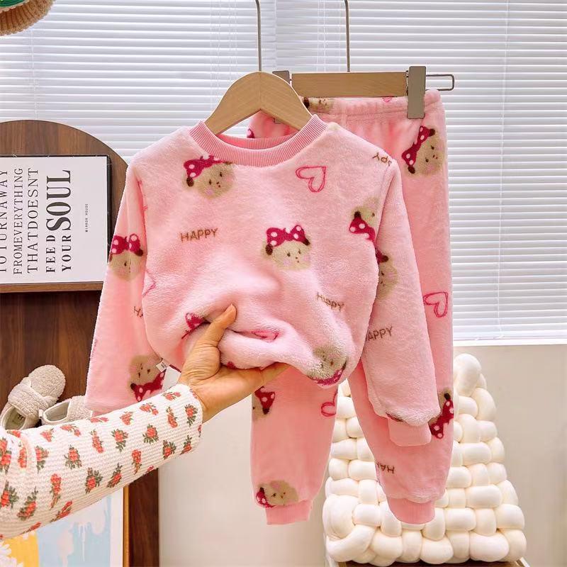 Children's Coral Fleece Flannel Pajamas - Cartoon Round Neck, Thickened Velvet Set for Boys, Girls, Babies