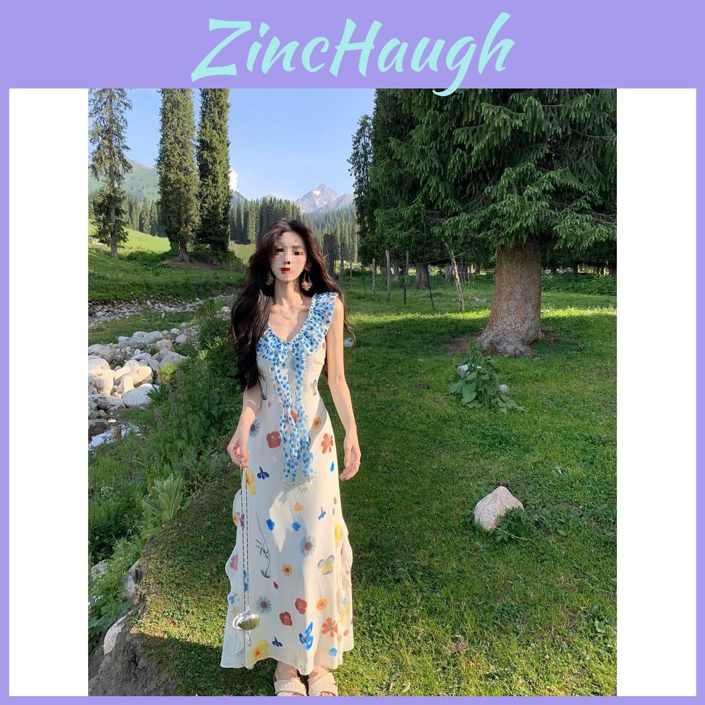 French Beach Vacation Dress With Knitted Fabric And Floral Print For Summer