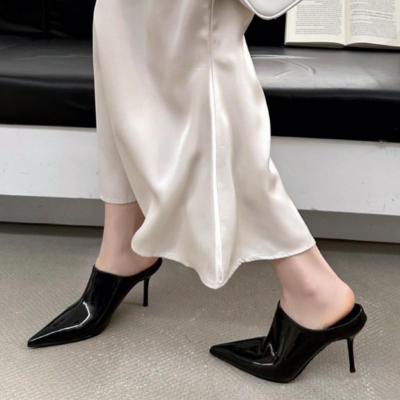 Fashion Sexy Pointy Toe Patent Leather Slippers Women 2025 Summer Elegant Thin High Heels Luxury Mules Slides Sandals Party Dress Shoes
